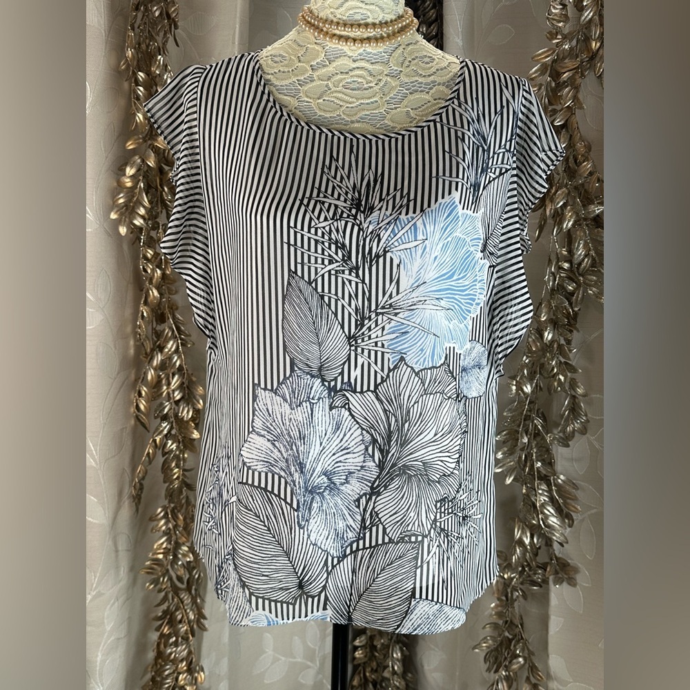 Vince Camuto Womens Large Striped Floral Cap Sleeve Ruffle Blouse cottagecoe‎